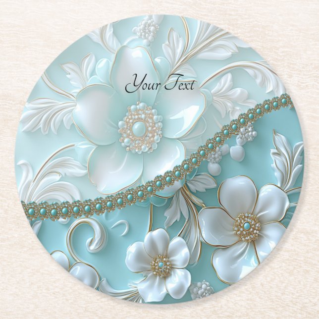 Teal White Floral Paper Coaster (Front)