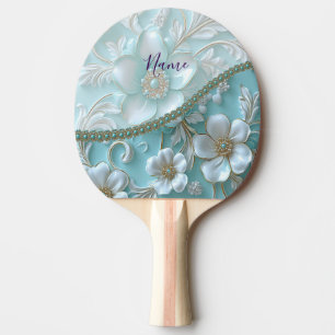 Teal White Floral Ping Pong Paddle