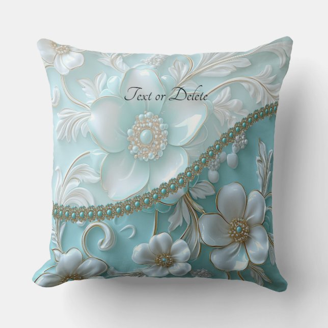 Teal White Floral Throw Pillow (Front)