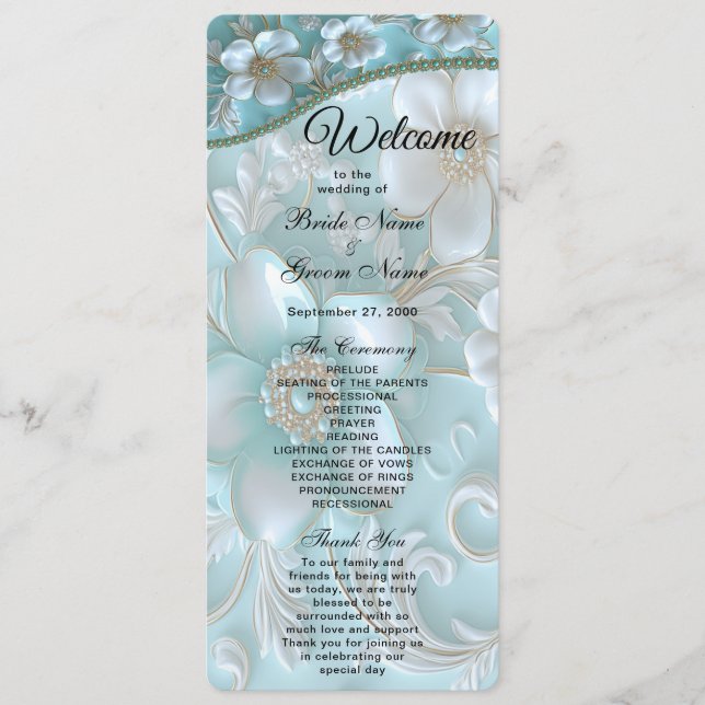 Teal White Floral Wedding Program (Front)