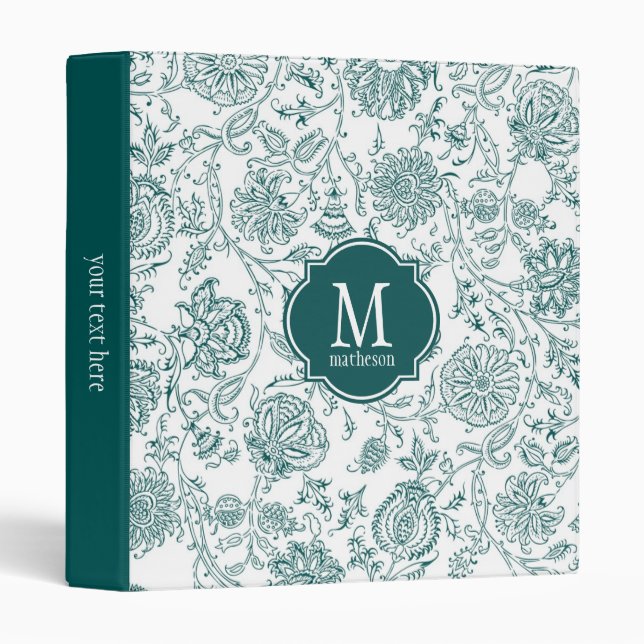 Teal & White Flower Pattern Monogram Binder (Front/Spine)