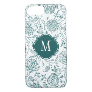Teal & White Flower Pattern Monogram iPhone 8/7 Case
