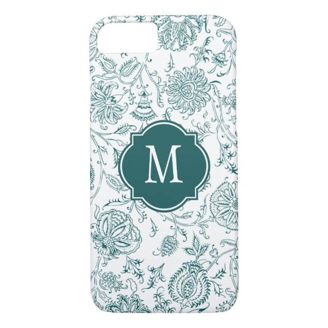 Teal & White Flower Pattern Monogram Case-Mate iPhone Case (Back)