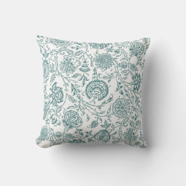 Teal & White Flower Pattern Throw Pillow (Front)