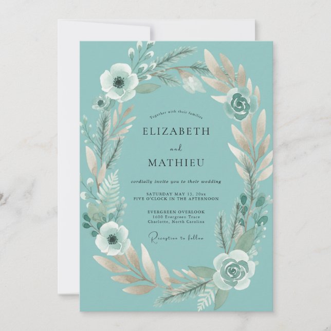 Teal White Foliage Eucalyptus Wedding Invitation (Front)