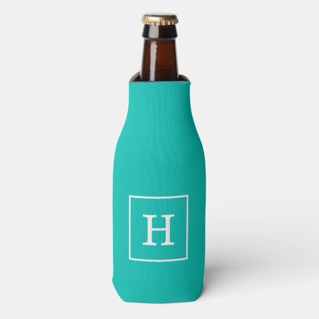 Teal White Framed Initial Monogram Bottle Cooler (Bottle Front)