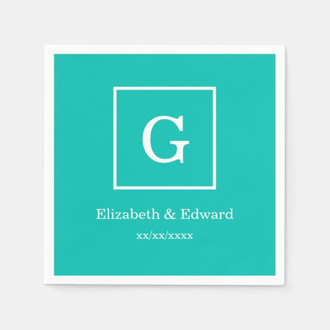 Teal White Framed Initial Monogram Napkin (Front)