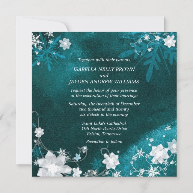 Teal White Frosty Winter Wedding Invitation (Front)