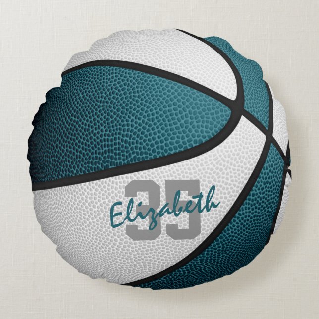 teal white girls boys sporty basketball round pillow (Front)