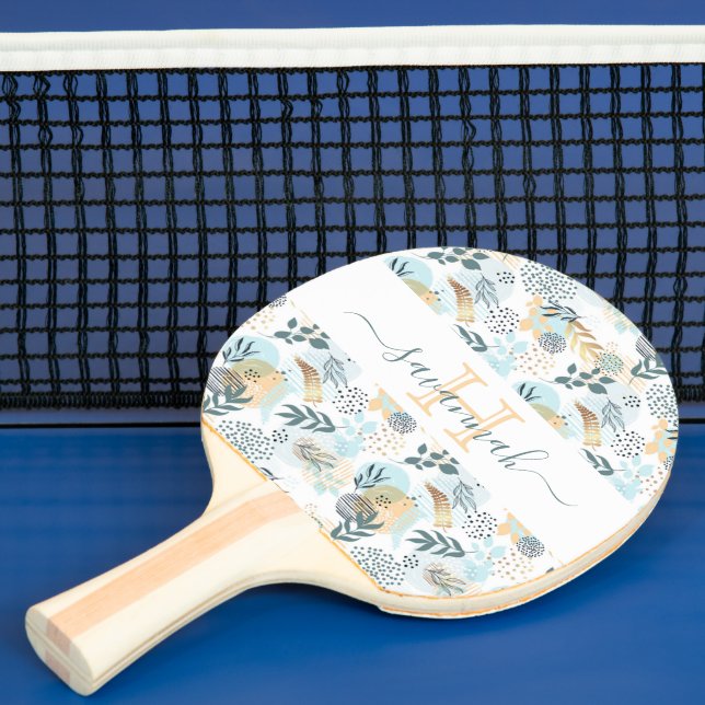 Teal white gold botanical monogram elegant ping pong paddle (Insitu)