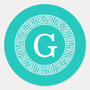 Teal White Greek Key Round Frame Initial Monogram Classic Round Sticker