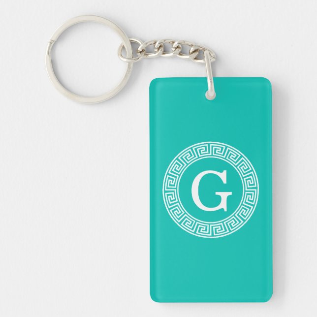 Teal White Greek Key Round Frame Initial Monogram Keychain (Front)