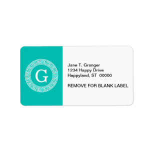 Teal White Greek Key Round Frame Initial Monogram Label