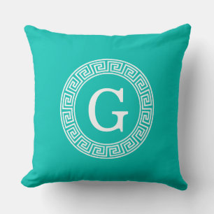 Teal White Greek Key Round Frame Initial Monogram Throw Pillow