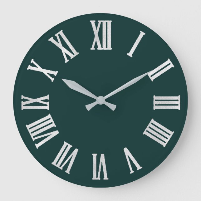Teal White Grey Metallic Silver Roman Numbers Large Clock (Front)