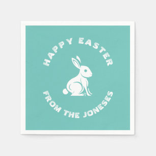 Teal White Happy Easter Bunny Rabbit Family Name Napkin