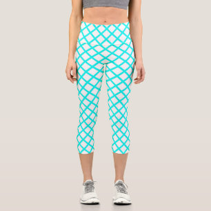 Teal White Harlequin Diamond Stripes Pattern Capri Leggings