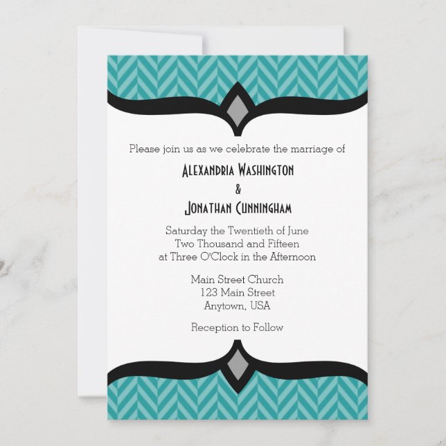 Teal White Herringbone Wedding Invitation (Front)