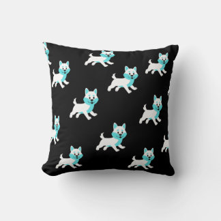 Teal & White Husky Malamute Dog Patter on Black Throw Pillow