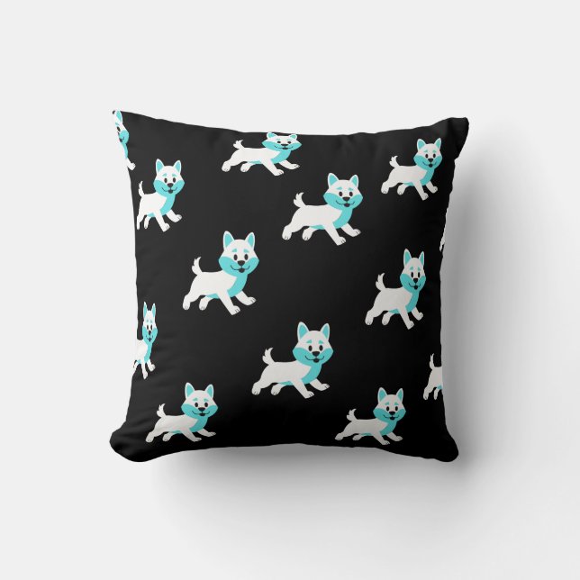 Teal & White Husky Malamute Dog Patter on Black Throw Pillow (Front)