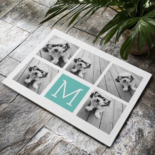 Teal & White Instagram 5 Photo Collage Monogram Doormat