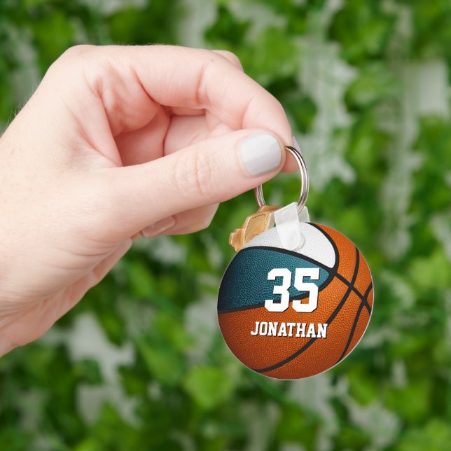 teal white kids basketball sports team colours keychain (Hand)