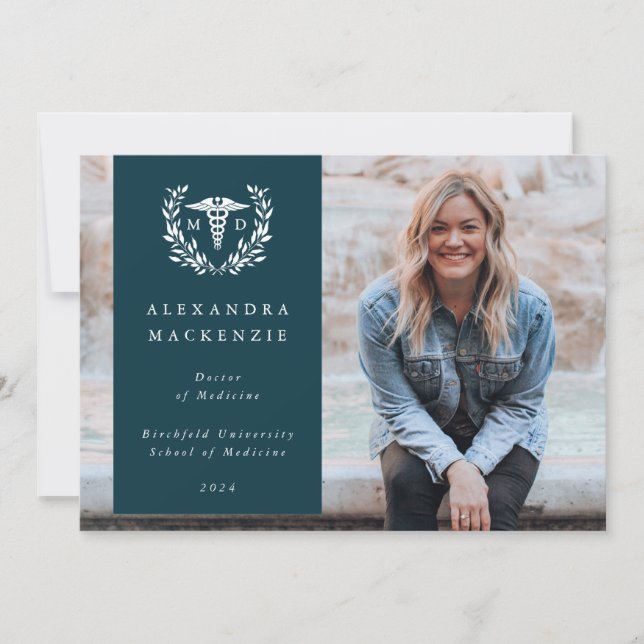 Teal + White Laurel Wreath Medical Degree Photo Announcement (Front)