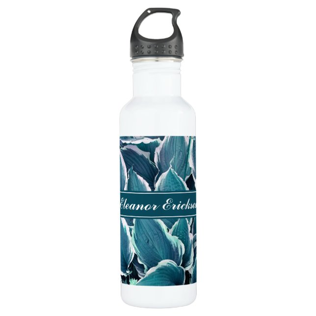 Teal & White Leaves Monogram 710 Ml Water Bottle (Front)
