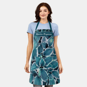 Teal & White Leaves Monogram Apron