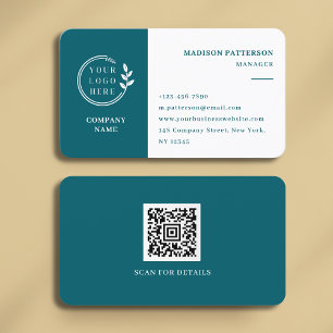 Teal White Logo QR Code Minimalist Modern Business Card