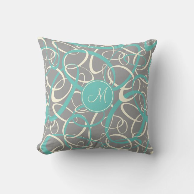 teal white loops on grey geometric pattern throw pillow (Front)