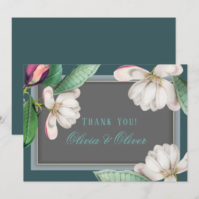 Teal White Magnolia Flower Southern Thank You Card (Front/Back)