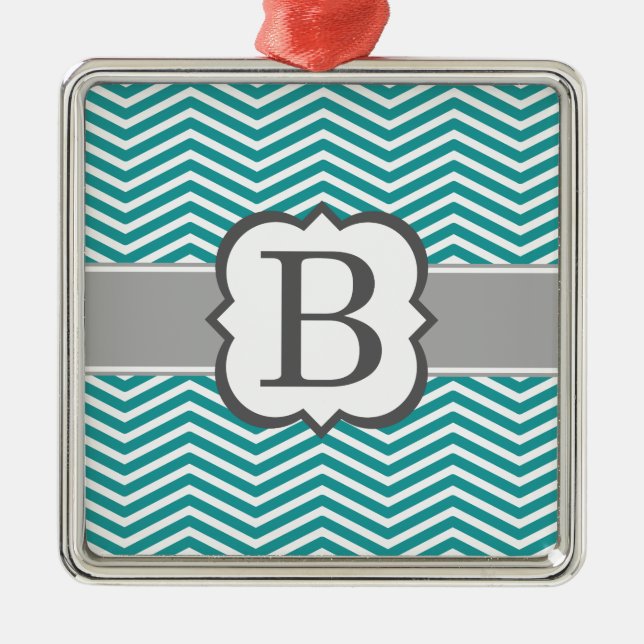 Teal White Monogram Letter B Chevron Metal Ornament (Front)