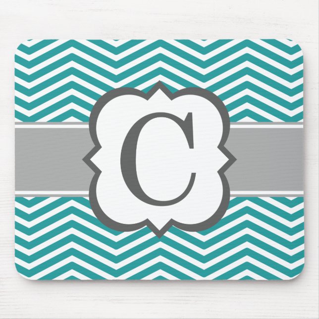 Teal White Monogram Letter C Chevron Mouse Pad (Front)