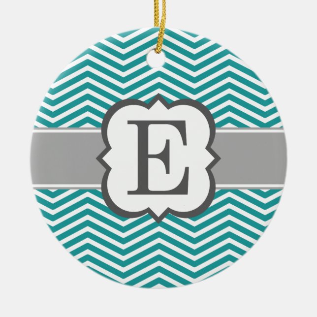 Teal White Monogram Letter E Chevron Ceramic Ornament (Front)