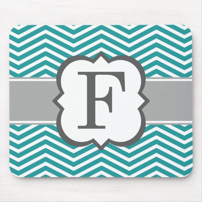 Teal White Monogram Letter F Chevron Mouse Pad (Front)
