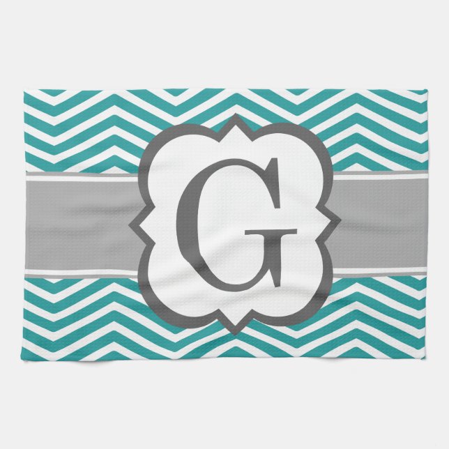 Teal White Monogram Letter G Chevron Kitchen Towel (Horizontal)