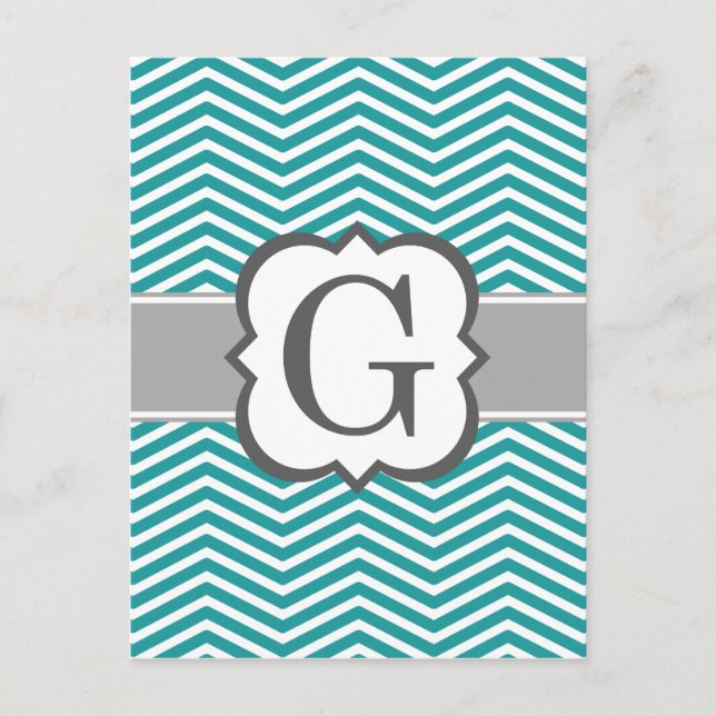 Teal White Monogram Letter G Chevron Postcard (Front)