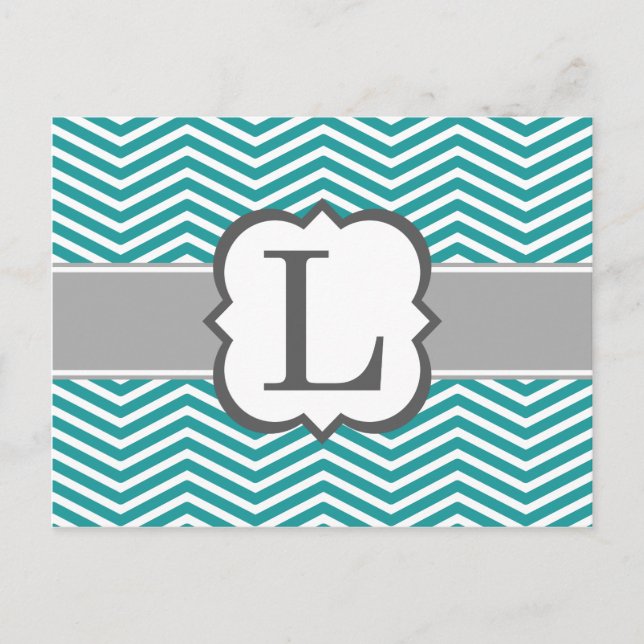 Teal White Monogram Letter L Chevron Postcard (Front)