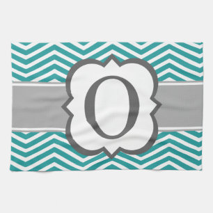 Teal White Monogram Letter O Chevron Kitchen Towel