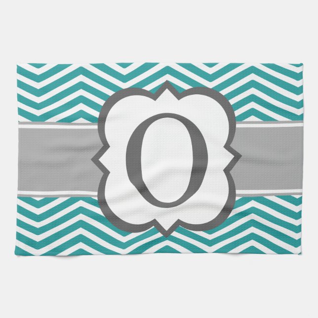 Teal White Monogram Letter O Chevron Kitchen Towel (Horizontal)