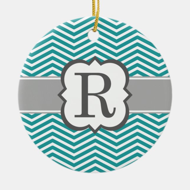 Teal White Monogram Letter R Chevron Ceramic Ornament (Front)