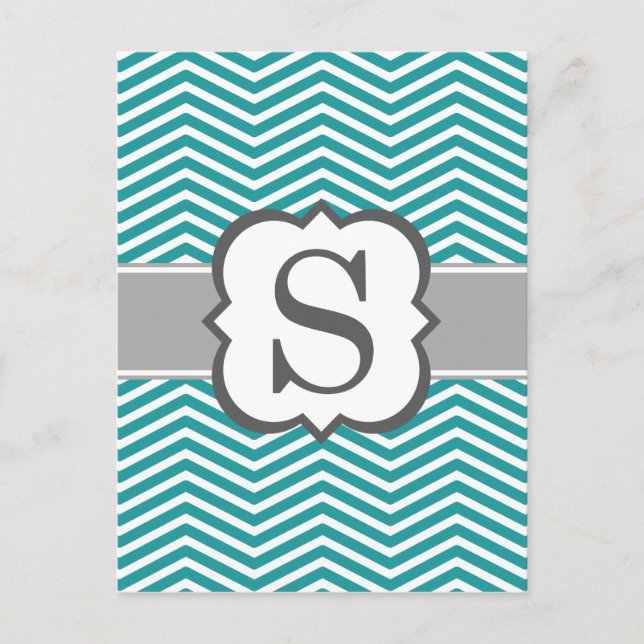 Teal White Monogram Letter S Chevron Postcard (Front)