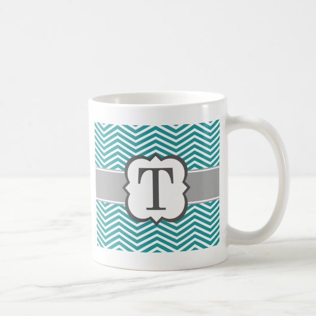 Teal White Monogram Letter T Chevron Coffee Mug (Right)