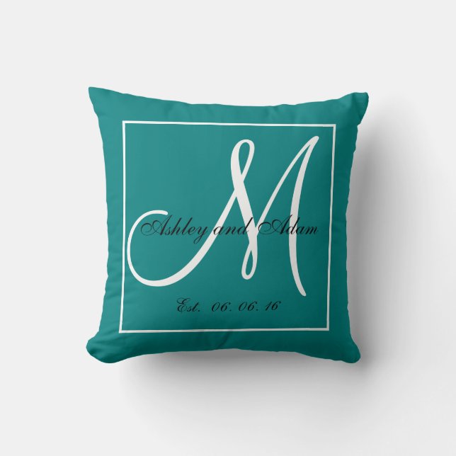 Teal White Monogram Wedding Keepsake Pillow (Front)
