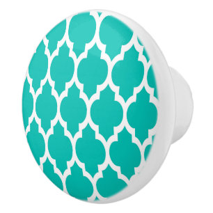 Teal White Moroccan Quatrefoil Pattern #4 Ceramic Knob