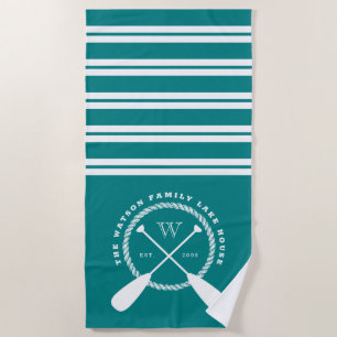 Teal White Nautical Lake House Monogram Beach Towel