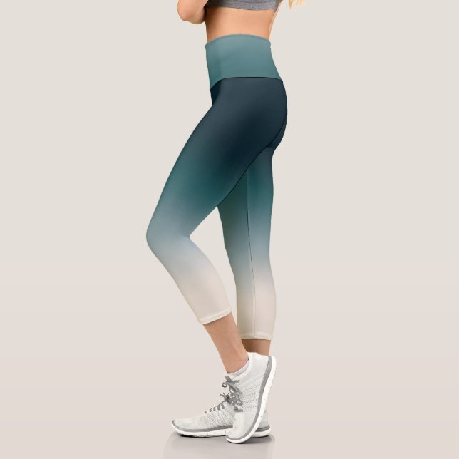 Teal & White Ombre Elegant Gradient Capri Leggings (Left)