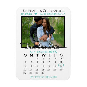 Teal & White Photo Calendar Save Our Date Wedding Magnet