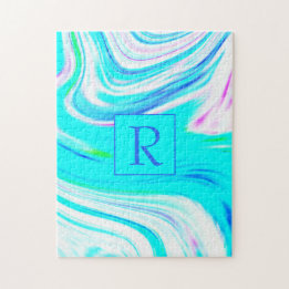 Teal White Pink Waves Monogram Abstract Patterns Jigsaw Puzzle